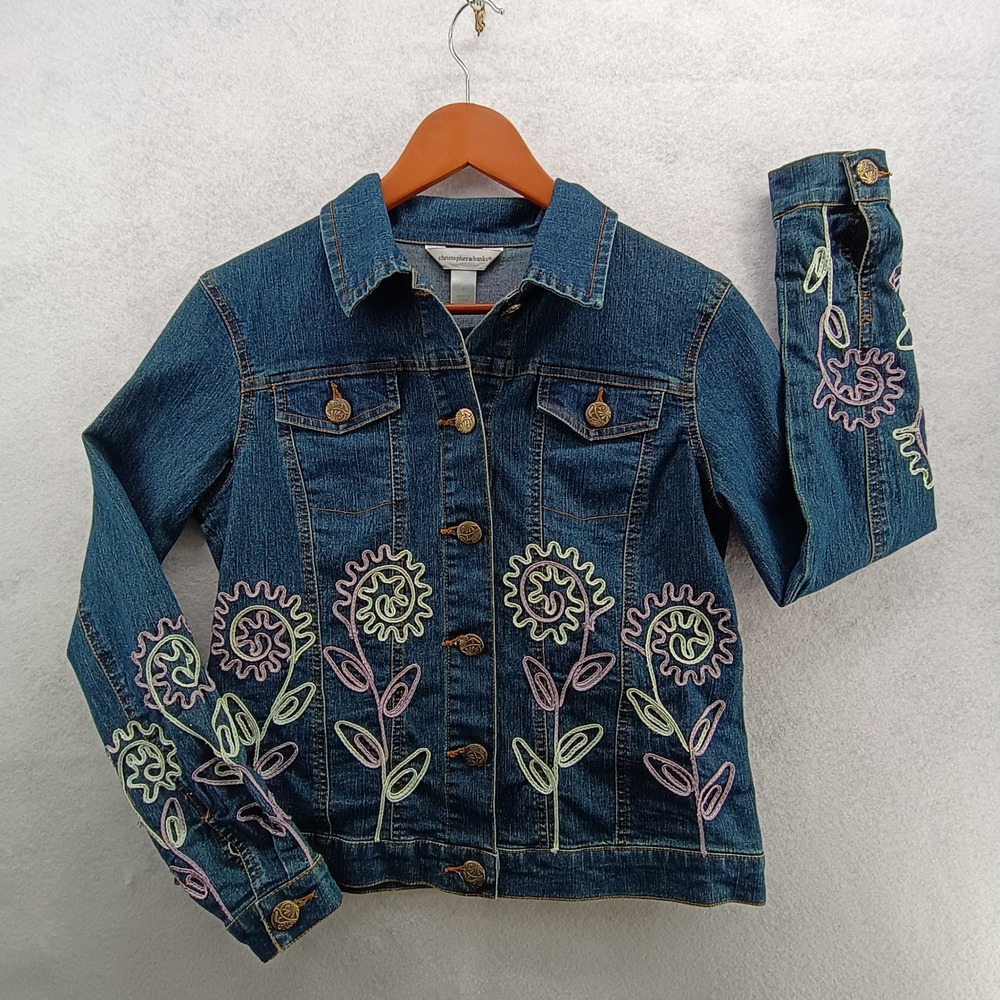 Christopher & Banks Denim Jacket Women S Blue Embroidered Floral Boho Jean Coat